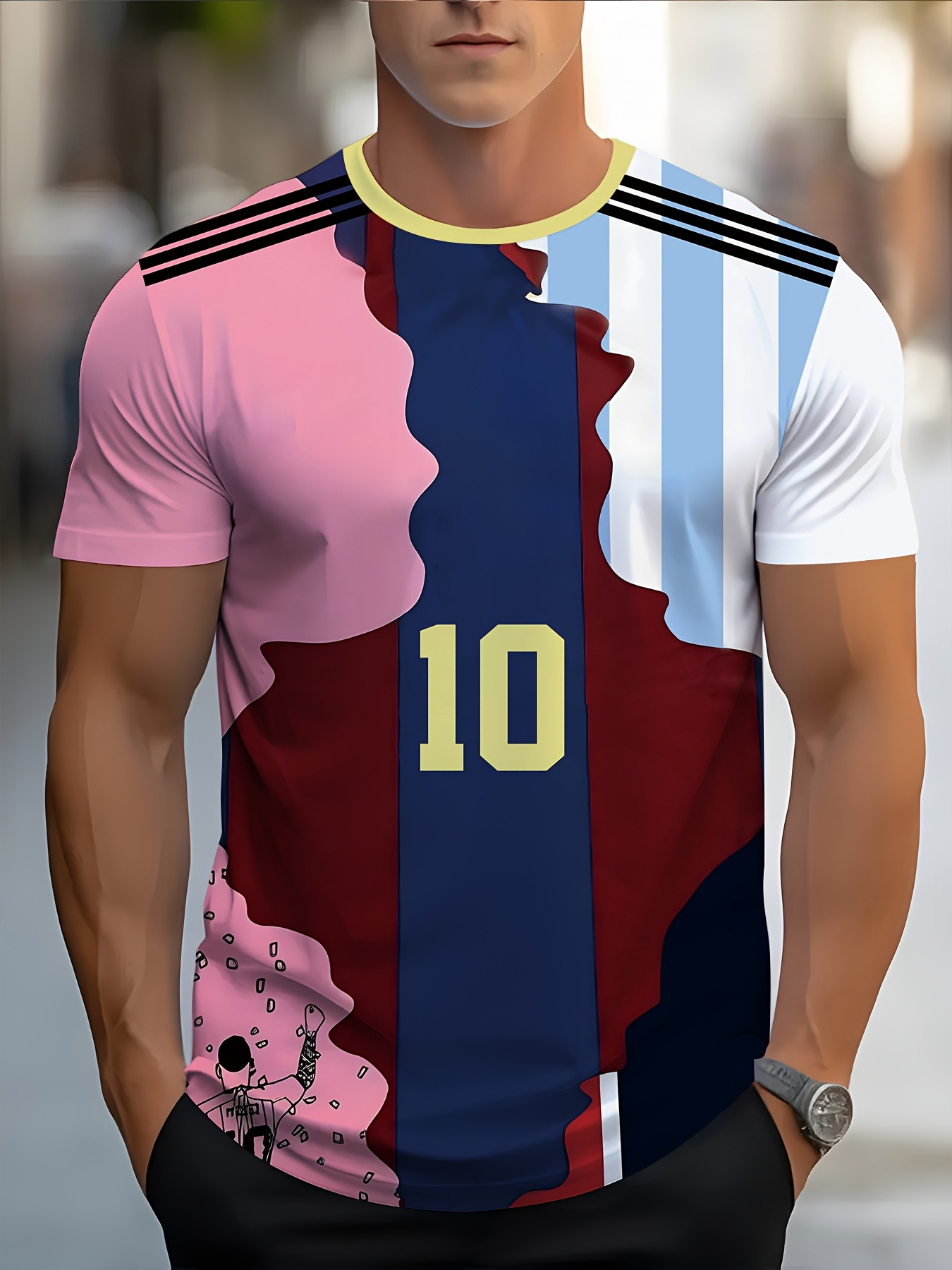 3D Men'S Soccer Jersey- Pink, Blue and White Striped Design with Number 10, Casual Crew Neck for Casual Outfits, Soccer Jerseys, Durable Fabric, Plus Size