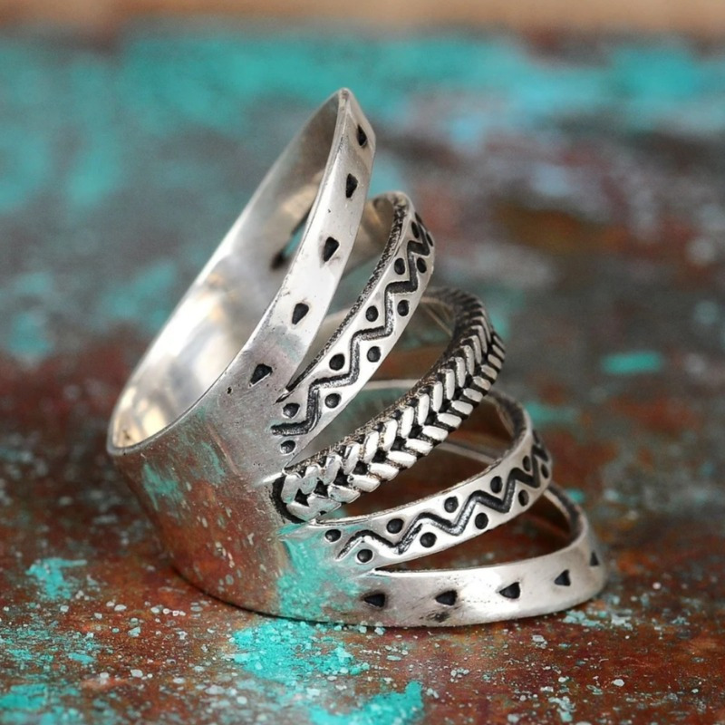 Simple Retro 5 Band Different Patterns Wide Rings for Women Daily Party Summer Vacation Style Accessories