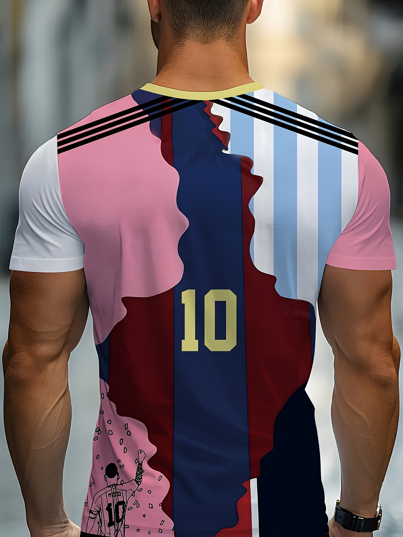 3D Men'S Soccer Jersey- Pink, Blue and White Striped Design with Number 10, Casual Crew Neck for Casual Outfits, Soccer Jerseys, Durable Fabric, Plus Size