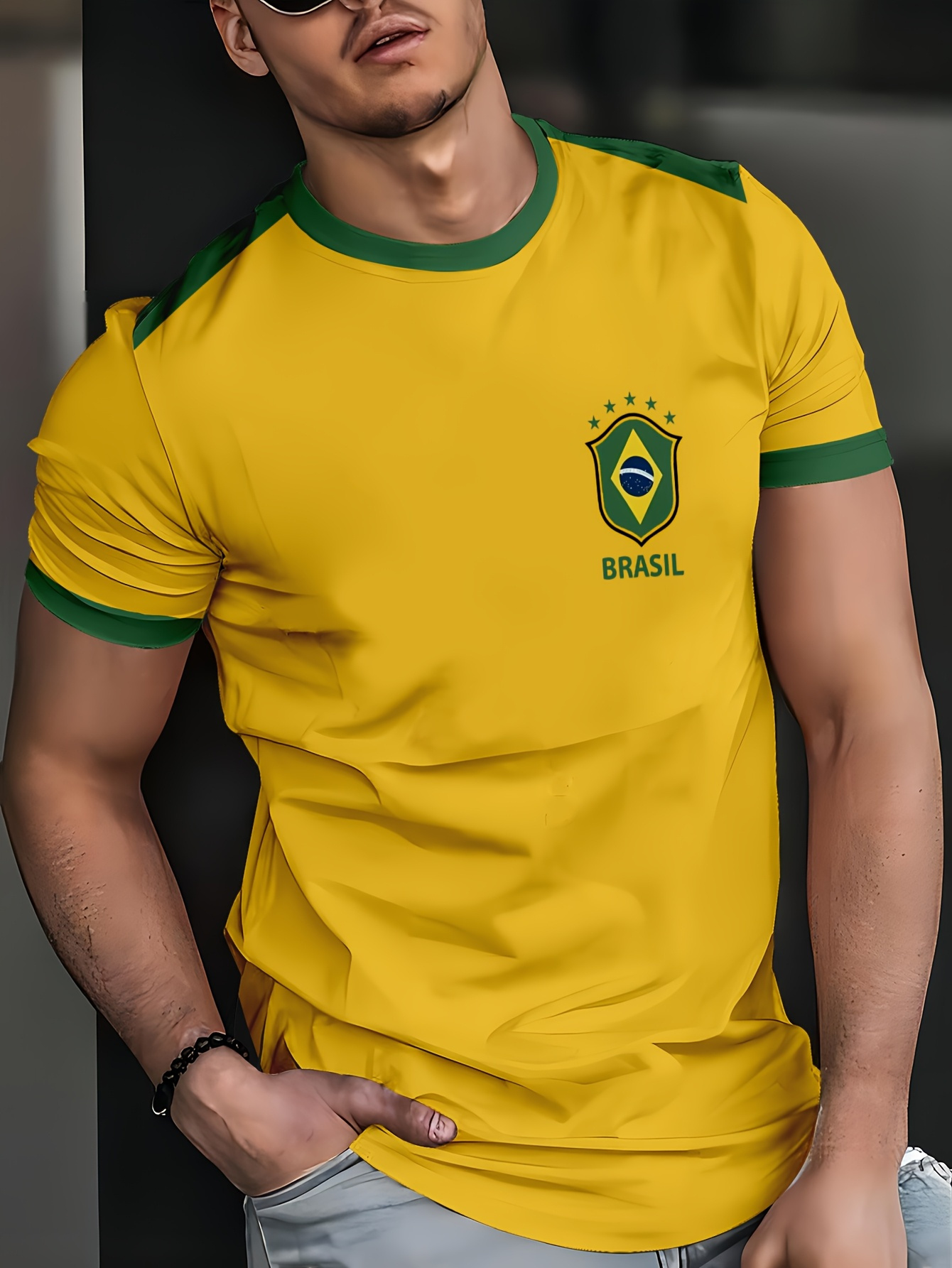 Men'S Brazil Soccer Jersey T-Shirt - Yellow with Green Trim, Breathable Polyester Fabric, Regular Fit, Ideal for Outdoor Activities & Casual Wear, Casual Wear Shirt | Sporty Design | Knit Construction, PLUS SIZE