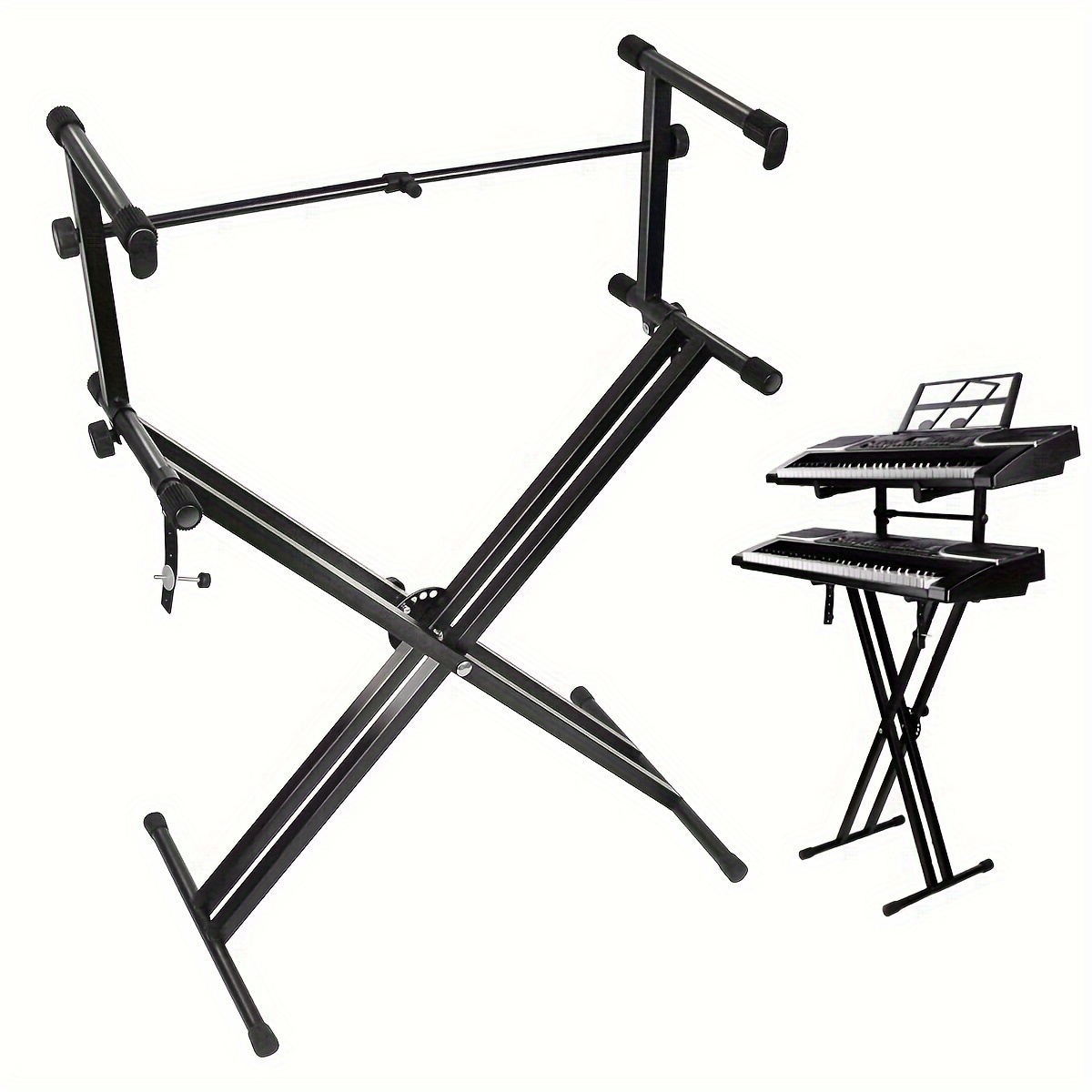 Pro Series Portable 2-Tier Double Keyboard Stand with Locking Straps, Adjustable Height & Angle, Sturdy X-Frame Design - Heavy-Duty Black Iron Construction for Stage, Studio, Home Use - Secure Keyboard Holder & Durable Music Equipment Setup, Studio Furniture, Locking Mechanism