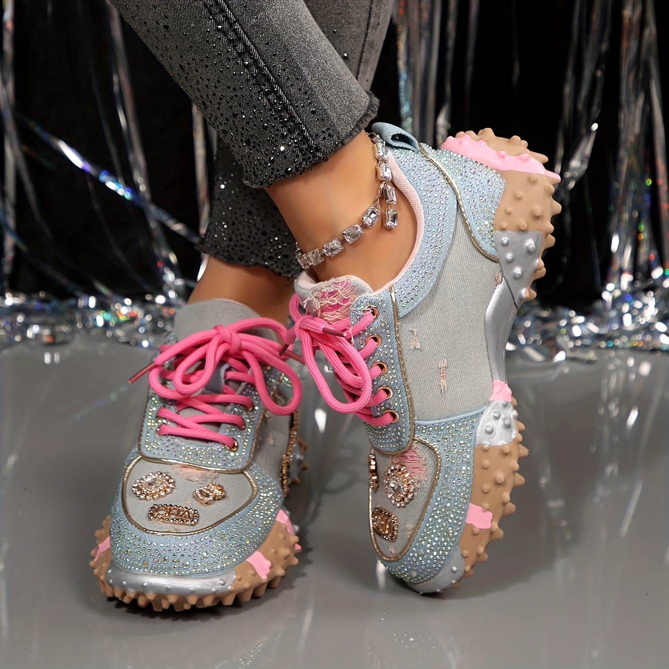 Women's Thick-Sole Casual Sneakers - Shiny Rhinestone Elements Low-Top Lace-Up Design, Hand-Sewn Rhinestone Embellishments, Light Blue Fabric with Rose Red Laces for a Fashionable and Sophisticated Look, Comfortable Lining, Durable Sole, All-Season