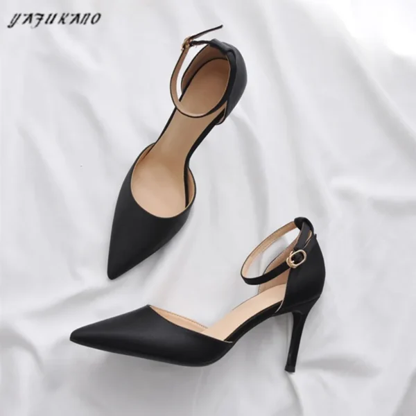 kf-H5b33a2613468461c86db06467163e1d2i Silk Satin Mid Hollow High Heels Pointed Toe Sexy Single Shoes Thin Heel One-Word Buckle Women Shoes Small Size Lady Pumps 32 33