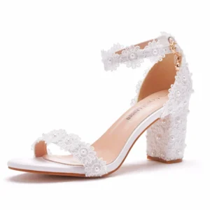 Fashion Women 7CM Thick High Heels Sandals White Pearl Lace Bride Wedding Shoes