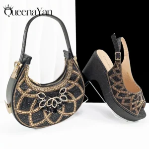 Queena Yan European and American Fashionable Party Shoes and Bag Comfortable Wedge Design Shoes with Moon Bag Women's High Heels