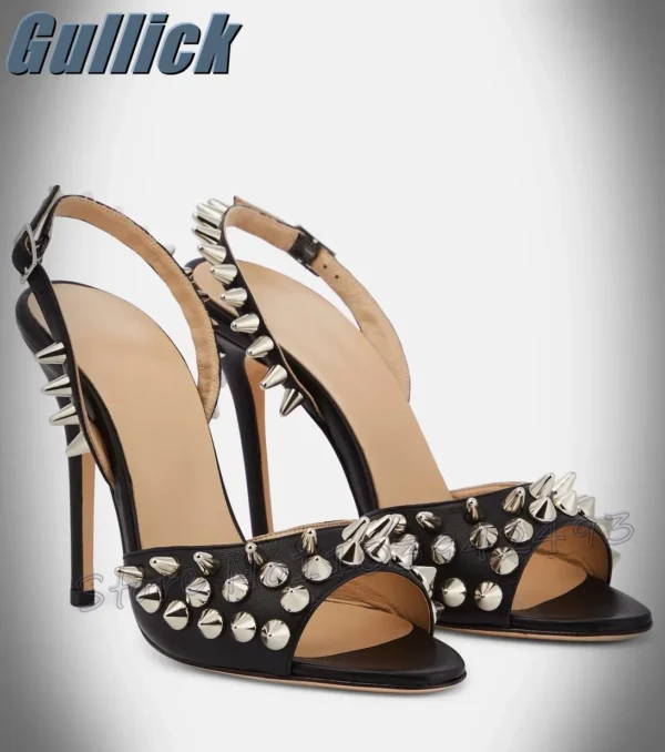 kf-S8f4c68a1db7a4d26971a4063a063b142q Rivet Black Heels Shallow Heeled Sandals Open Toe Shoes Women Luxury Designer Pink Sandalias De Mujer Summer Buckle Strap Zapato