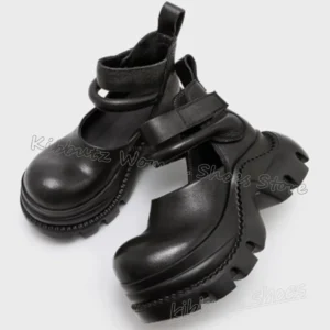 Thick Bottom Sandals Round Belt Buckles Metal Toe Solid Color Leather Gothic Fashion Luxury Elegant Concise Sexy Women Shoes New