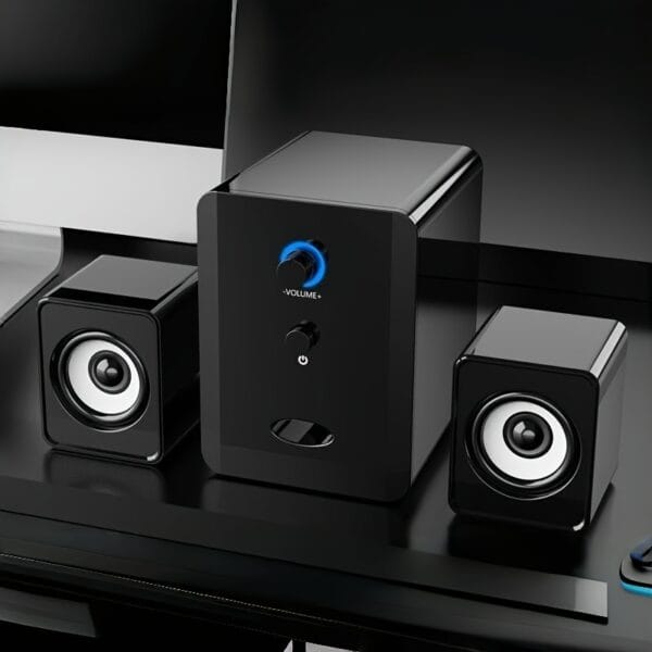 SADA S-201 2.1 Channel USB-Powered Desktop Speakers with Bass Boost, 3.5mm Audio Connection, Volume Control & Blue Accent Light - Compact 2.1 Channel Computer Speakers for Laptop, PC, Gaming, Home Office, Small Speakers for Desk, Gaming Audio, Modern Audio Gear, Durable Audio Gear