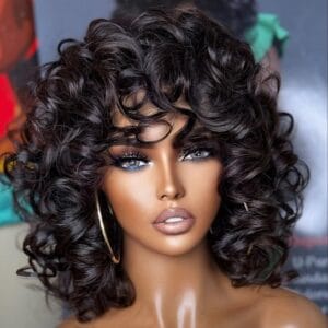 Elegant Curly Bob Wig for Women - 180% Density, Real Human Hair, Loose Bouncy Style with Bangs, Full Machine Made Rose Net Wig, Natural Look & Comfortable Fit, Everyday Curly Wig | Natural Look Wig | Real Human Hair Wig, Human Hair Wigs