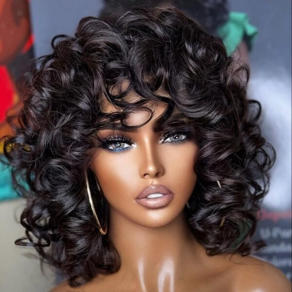 Elegant Curly Bob Wig for Women - 180% Density, Real Human Hair, Loose Bouncy Style with Bangs, Full Machine Made Rose Net Wig, Natural Look & Comfortable Fit, Everyday Curly Wig | Natural Look Wig | Real Human Hair Wig, Human Hair Wigs