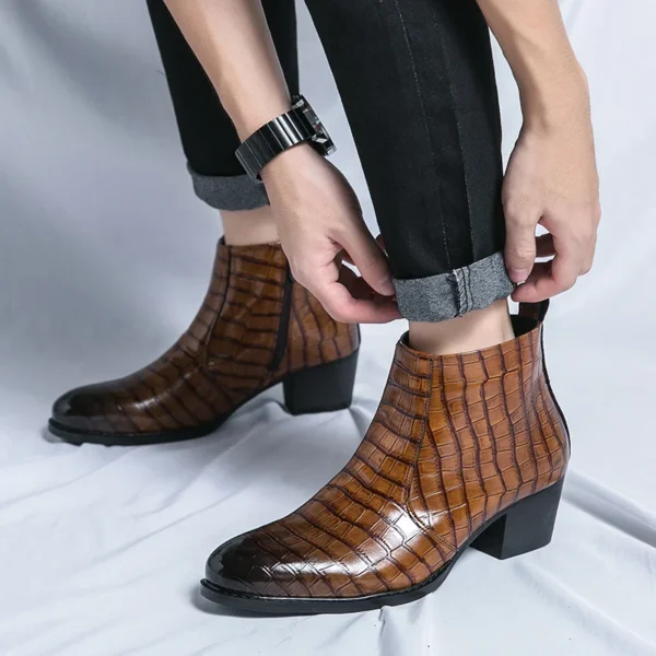 Luxury Leather High Heeled Boots Men Fashion Brown Mens Chelsea Formal Shoes Business Casual Ankle Boot Men Dress High Heel Shoe
