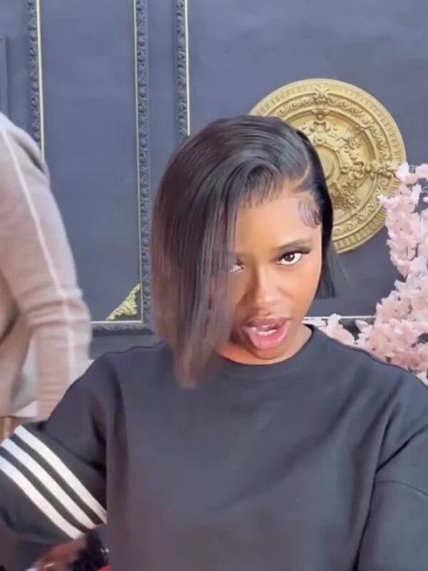 A 13X4 Lace Front Human Hair Wig Featuring a Short Straight Bob Style, Complete with Baby Hair And Pre-Plucked HD Lace. This Brazilian Remy Human Hair Wig for Women Has a Density of 150%.