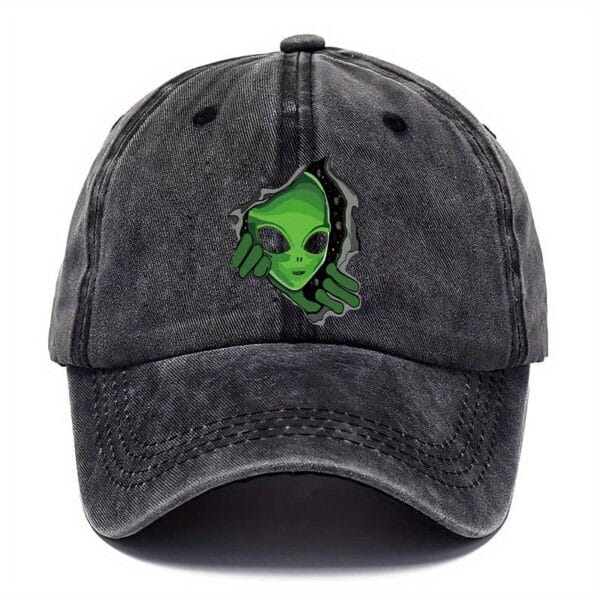 Alien-Themed Baseball Cap - Vintage Washed Look with Green Alien Design, Adjustable Fit, Ideal for Halloween & Outdoor Fashion, Playful Pattern Hat
