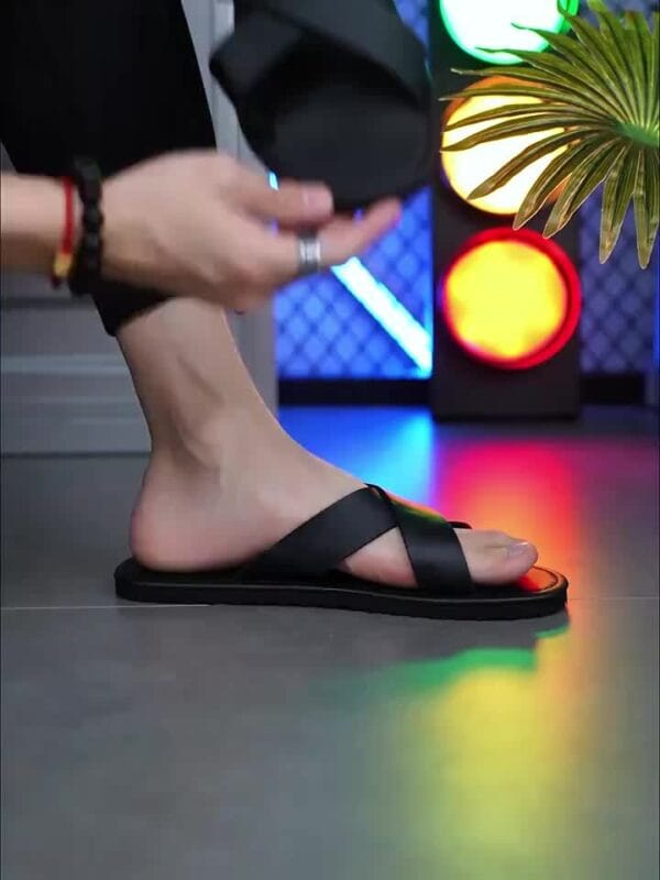 Men's 2025 All-Season Retro Cross-Strap Slide Sandals - Lightweight Non-Slip Durable PVC & EVA Cushioned Casual Indoor/Outdoor Slippers with Cross-Strap Design, Black, Everyday Footwear | Minimalist Shoe Design | Antislip Sole, Indoor Slippers