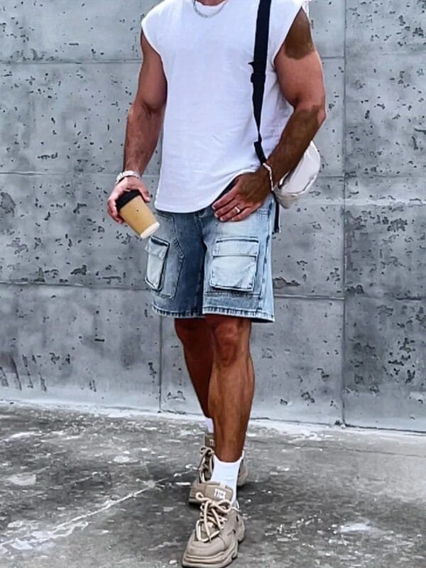 Men'S Casual Denim Cargo Shorts with Multiple Pockets - Loose Fit, Knee-Length, Light Blue, Non-Stretch Fabric, Perfect for Casual Attire, Party Shorts|Pocketed Shorts|Woven Texture