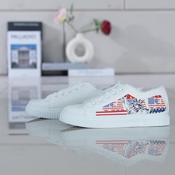 product-3697aae381fbd7b142d147f6c3711a75afc6c545.goods_.000001 Women'S Patriotic American Flag Skate Shoes - Breathable Fabric Upper, White with Red & Blue Print, Lace-Up Casual Sneakers for All-Season Comfort, Casual Footwear | Laceup Sneakers | Comfortable Fit