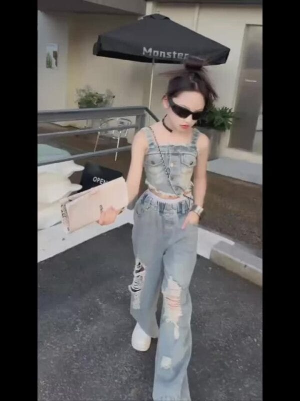 Fashionable Summer Denim Outfit for Girls, Featuring a Trendy Two-Piece Set with Wide-Leg Pants And a Camisole, for Outdoor