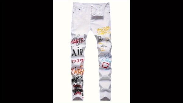 product-88d5619d3928de677c1c39d5e489400de7de8179.goods_.000001 Plus Size Men's Creative Cartoon Graffiti Graphic Print Denim Pants, Stylish Slim Fit Jeans With Medium Stretchy For Summer