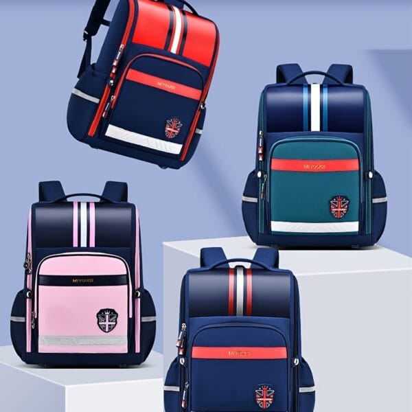 Lightweight Spine-Protective Youngsters Backpack with Adjustable Straps & Multiple Compartments - Navy/Red/White/Black Stripes & Pink Accents, Durable Polyester Lining for School, College, Travel, Backpack for School