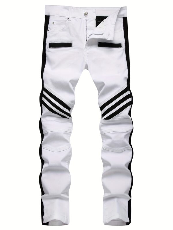 2023 New Men'S Slim-Fit Stretch Faux Denim Faux Denim - Black & White Color Block Design, Straight Leg Casual Pants with Pockets, Comfortable for Casual Attire, All-Season Wear, Casual Faux Denim|Sleek Straight Leg Faux Denim|Stretch Faux Denim Fabric