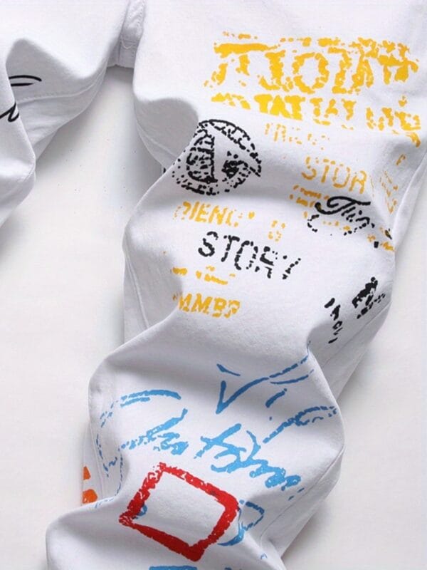 product-Fancyalgo-VirtualModelMatting-0899ecb2950c105125525dc8a254d2f6 Plus Size Men's Creative Cartoon Graffiti Graphic Print Denim Pants, Stylish Slim Fit Jeans With Medium Stretchy For Summer