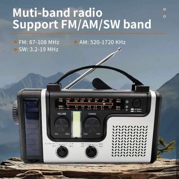 Emergency solar hand crank power emergency radio AM/FM/SW multi-band with LED flashlight, reading lamp, alarm, and mobile phone charging function.