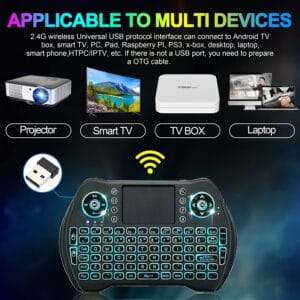 MXQ Backlit Mini Wireless Keyboard Touchpad Mouse Combo Remote Control, Rechargeable Li-ion Polymer Battery, 300mAh, USB Charging, 2.4G/3G/4G/5G, with Multimedia Keys, for Android TV Box, HTPC, PS3, Smart TV, PC, X-Box, Linux, Windows, MacOS