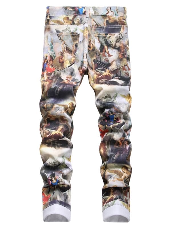 [Popular Choice] 1pc Men's Vintage Renaissance Angel Print Skinny Jeans, Mid Waist Denim with Zipper Fly, Casual Weekend Wear, Washed Detail, Regular Length, Oil Painting, European Art, Fashion Style, Leisure Outing Occasion, Cultivate The Body Version, Spring/Autumn, Fashion Style, Leisure Outing Occasion, Cultivate The Body Version, Spring/Autumn