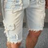 Men's Distressed Denim Shorts - Casual Mid-Length with Raw Hem, Solid Color Sky Blue, Cotton Blend, Machine Washable