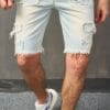 Men's Distressed Denim Shorts - Casual Mid-Length with Raw Hem, Solid Color Sky Blue, Cotton Blend, Machine Washable