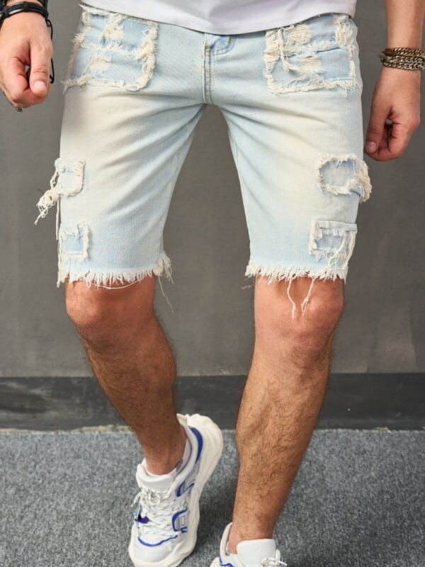 Men's Distressed Denim Shorts - Casual Mid-Length with Raw Hem, Solid Color Sky Blue, Cotton Blend, Machine Washable