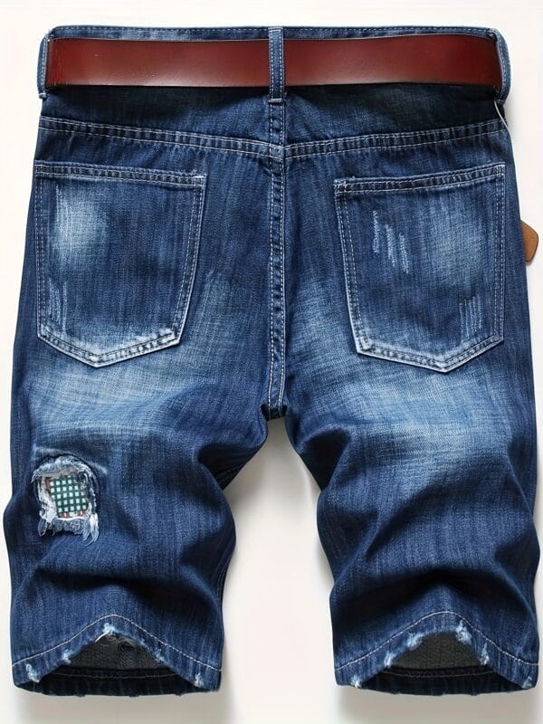 Men'S Non-Stretch Faux Denim Shorts - Loose Fit Distressed Faux Denim with Random Patchwork, Mid-Length Casual Pants for Everyday & Formal Outfits - No Belt Included, Faux Denim Shorts, Streetwear Style, Trendy Fashion, Sturdy Construction, Streetwear Lovers, Summer Fashion, Vintage Style, Durable Fabric, Urban Style