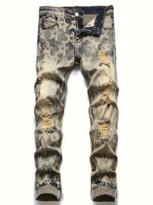 product-Fancyalgo-VirtualModelMatting-34d3fa613384bf95123c2f312a9dc9e7 Men's Casual Star Pattern Ripped Jeans, Chic Street Style Stretch Denim Pants