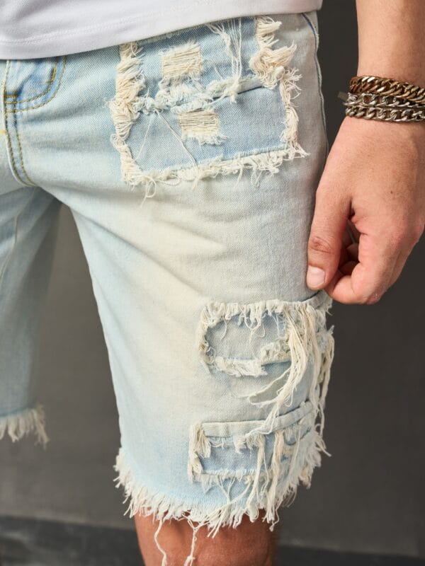 Men's Distressed Denim Shorts - Casual Mid-Length with Raw Hem, Solid Color Sky Blue, Cotton Blend, Machine Washable