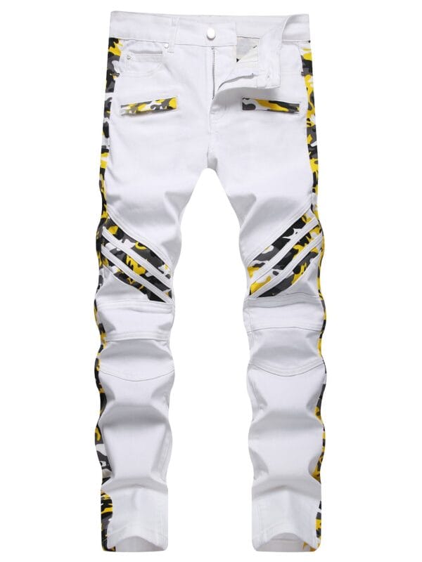 Camouflage Pattern Slim Fit Jeans, Men's Casual Slightly Stretch Street Style Slant Pockets Denim Jeans For Spring Summer