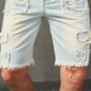 Men's Distressed Denim Shorts - Casual Mid-Length with Raw Hem, Solid Color Sky Blue, Cotton Blend, Machine Washable