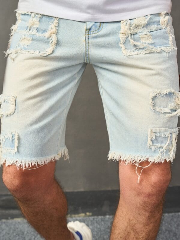 Men's Distressed Denim Shorts - Casual Mid-Length with Raw Hem, Solid Color Sky Blue, Cotton Blend, Machine Washable