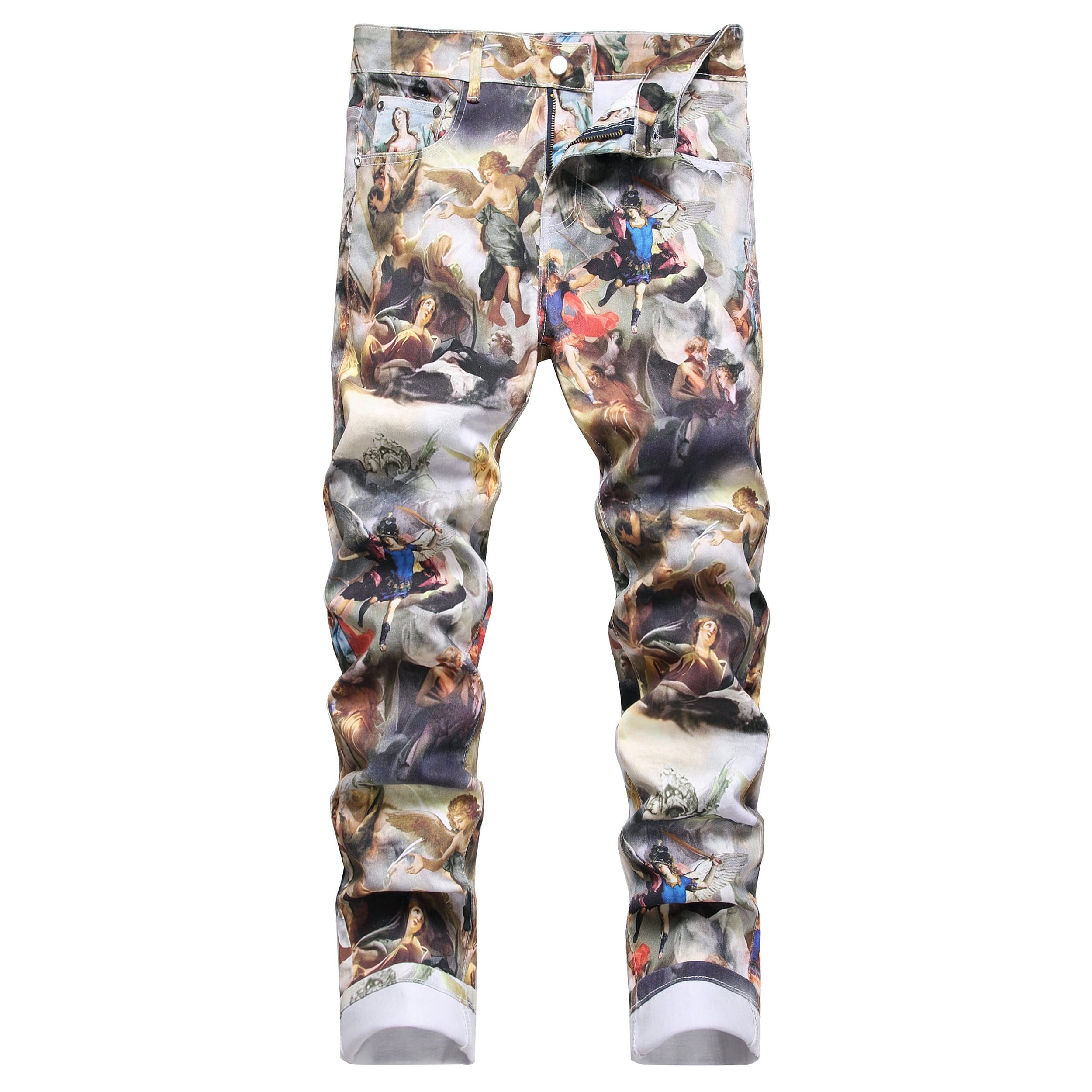 [Popular Choice] 1pc Men's Vintage Renaissance Angel Print Skinny Jeans, Mid Waist Denim with Zipper Fly, Casual Weekend Wear, Washed Detail, Regular Length, Oil Painting, European Art, Fashion Style, Leisure Outing Occasion, Cultivate The Body Version, Spring/Autumn, Fashion Style, Leisure Outing Occasion, Cultivate The Body Version, Spring/Autumn