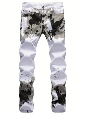 2023 New Arrival Men'S Slim-Fit Stretch Denim Jeans with Camo Print - White, Black & Gray, Casual Streetwear Style, Comfortable Outdoor Hiking Pants for All Seasons, Hiking Pants, Trendy Streetwear, Medium Elasticity