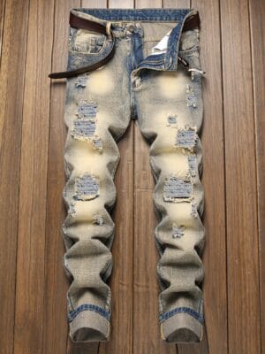 Men'S Stretch Skinny Faux Denim - Slim Fit Straight Leg Pants with Mid-Rise Waist & Built- Zipper Closure, Vintage Washed Look for Everyday & Formal Outfits - All-Season Streetwear Faux Denim for Men, Casual Wear, Distressed Faux Denim, Comfortable Wear, Street Style, Retro Fashion, Durable Fabric, Urban Style