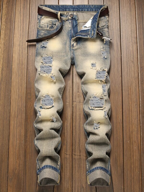 product-Fancyalgo-VirtualModelMatting-628722cd0e5ff7c6a3a6fda815829aec Men'S Stretch Skinny Faux Denim - Slim Fit Straight Leg Pants with Mid-Rise Waist & Built- Zipper Closure, Vintage Washed Look for Everyday & Formal Outfits - All-Season Streetwear Faux Denim for Men, Casual Wear, Distressed Faux Denim, Comfortable Wear, Street Style, Retro Fashion, Durable Fabric, Urban Style