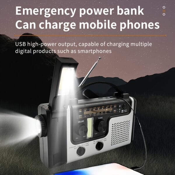 Emergency solar hand crank power emergency radio AM/FM/SW multi-band with LED flashlight, reading lamp, alarm, and mobile phone charging function.