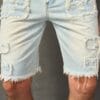 Men's Distressed Denim Shorts - Casual Mid-Length with Raw Hem, Solid Color Sky Blue, Cotton Blend, Machine Washable