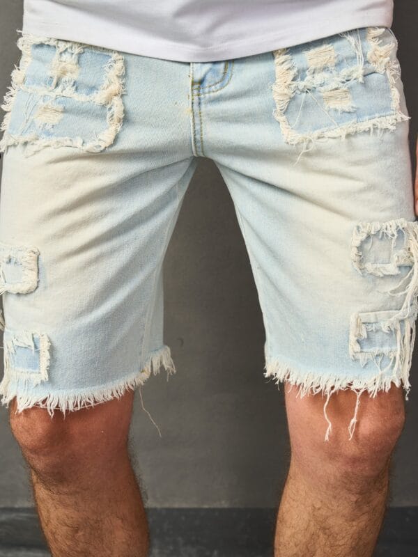 Men's Distressed Denim Shorts - Casual Mid-Length with Raw Hem, Solid Color Sky Blue, Cotton Blend, Machine Washable
