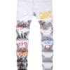 product-Fancyalgo-VirtualModelMatting-68bb94e17ac8d2d1685786b0cccdf2b0 Plus Size Men's Creative Cartoon Graffiti Graphic Print Denim Pants, Stylish Slim Fit Jeans With Medium Stretchy For Summer