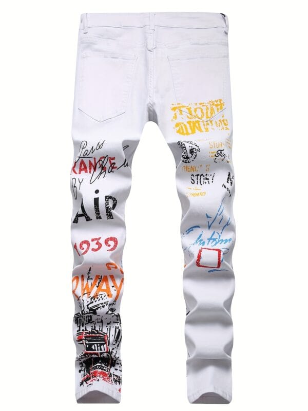 product-Fancyalgo-VirtualModelMatting-68bb94e17ac8d2d1685786b0cccdf2b0 Plus Size Men's Creative Cartoon Graffiti Graphic Print Denim Pants, Stylish Slim Fit Jeans With Medium Stretchy For Summer