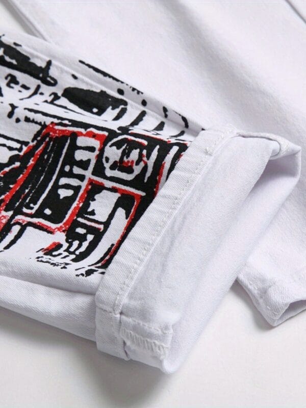 product-Fancyalgo-VirtualModelMatting-6e3296f4ea16009455dec908f6400538 Plus Size Men's Creative Cartoon Graffiti Graphic Print Denim Pants, Stylish Slim Fit Jeans With Medium Stretchy For Summer