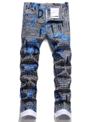 Men's Slim Fit Jeans - Streetwear Pants with Digital Grid Pattern in Blue/Black/White/Gray/, Zipper Closure, Machine Washable All-Season Jeans for Urban Fashion & Casual Attire, Versatile Clothing, Modern Design, Flexible Material, Trendy Bottoms, Young Adults