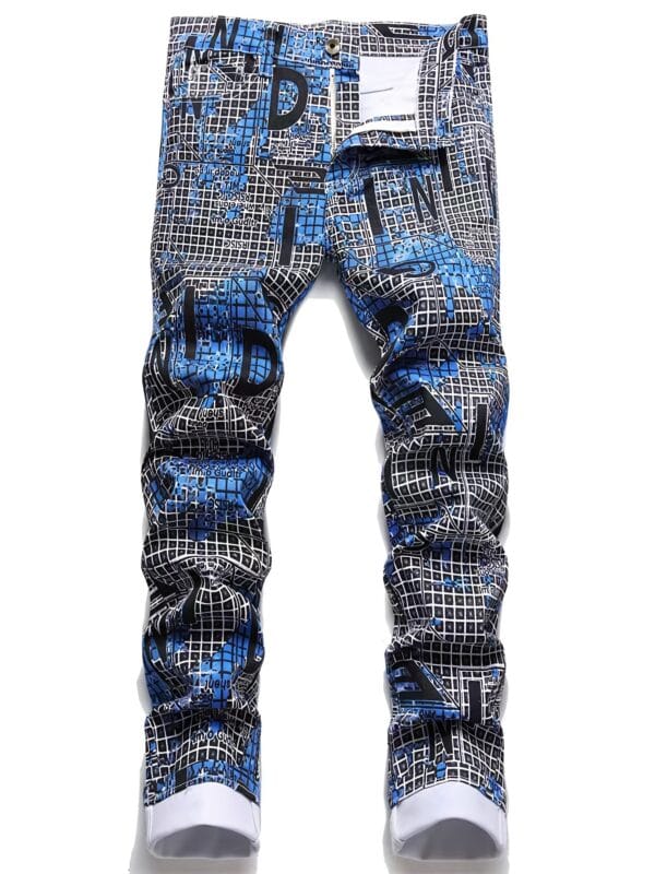 Men's Slim Fit Jeans - Streetwear Pants with Digital Grid Pattern in Blue/Black/White/Gray/, Zipper Closure, Machine Washable All-Season Jeans for Urban Fashion & Casual Attire, Versatile Clothing, Modern Design, Flexible Material, Trendy Bottoms, Young Adults