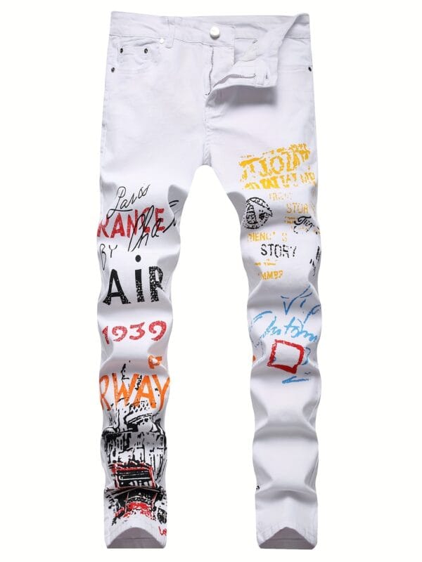 product-Fancyalgo-VirtualModelMatting-7df521b48febe2ae193fc42c04552fa1 Plus Size Men's Creative Cartoon Graffiti Graphic Print Denim Pants, Stylish Slim Fit Jeans With Medium Stretchy For Summer